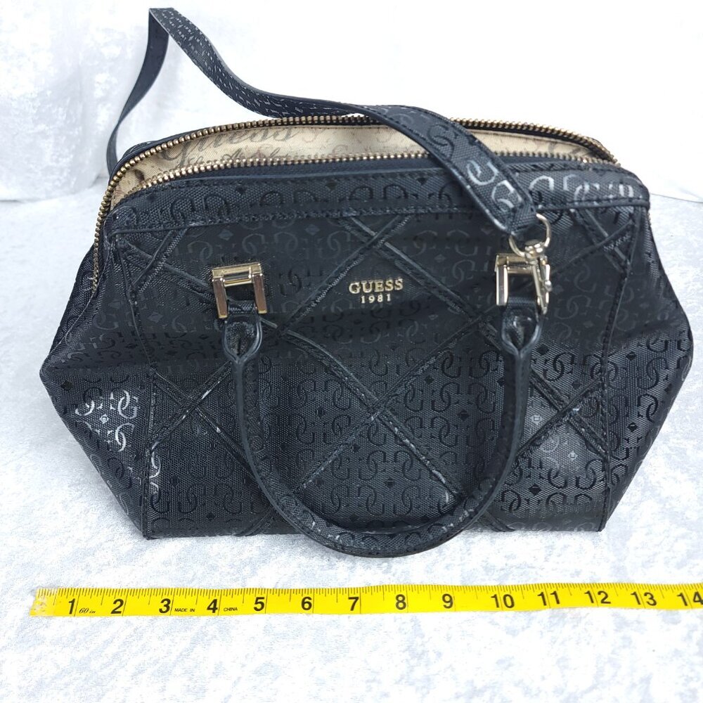 GUESS 1981 Black Logo Satchel Handbag PVC Monogram Boston Bag w/ Strap - Picture 14 of 15